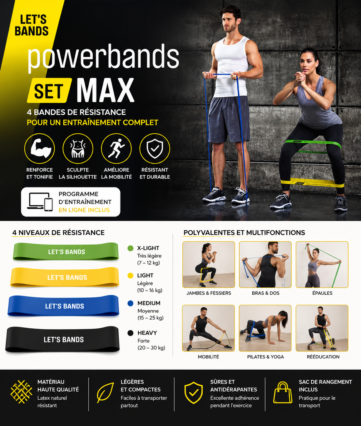 LET'S BANDS Powerbands Set MAX – Kit de bandes de résistance multifonction