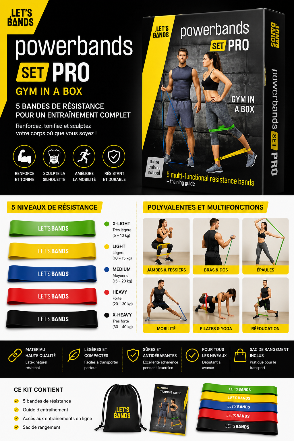 LET'S BANDS Powerbands Set PRO – Kit de bandes de résistance multifonction